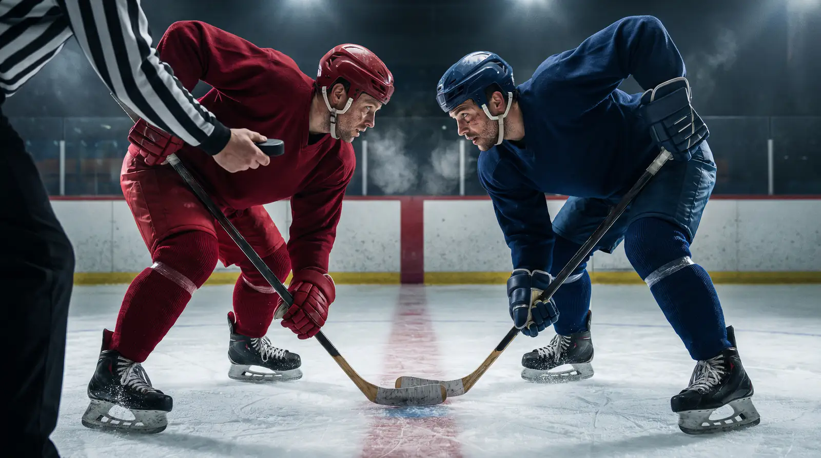 International ice hockey skaters lining up for a centre-ice faceoff