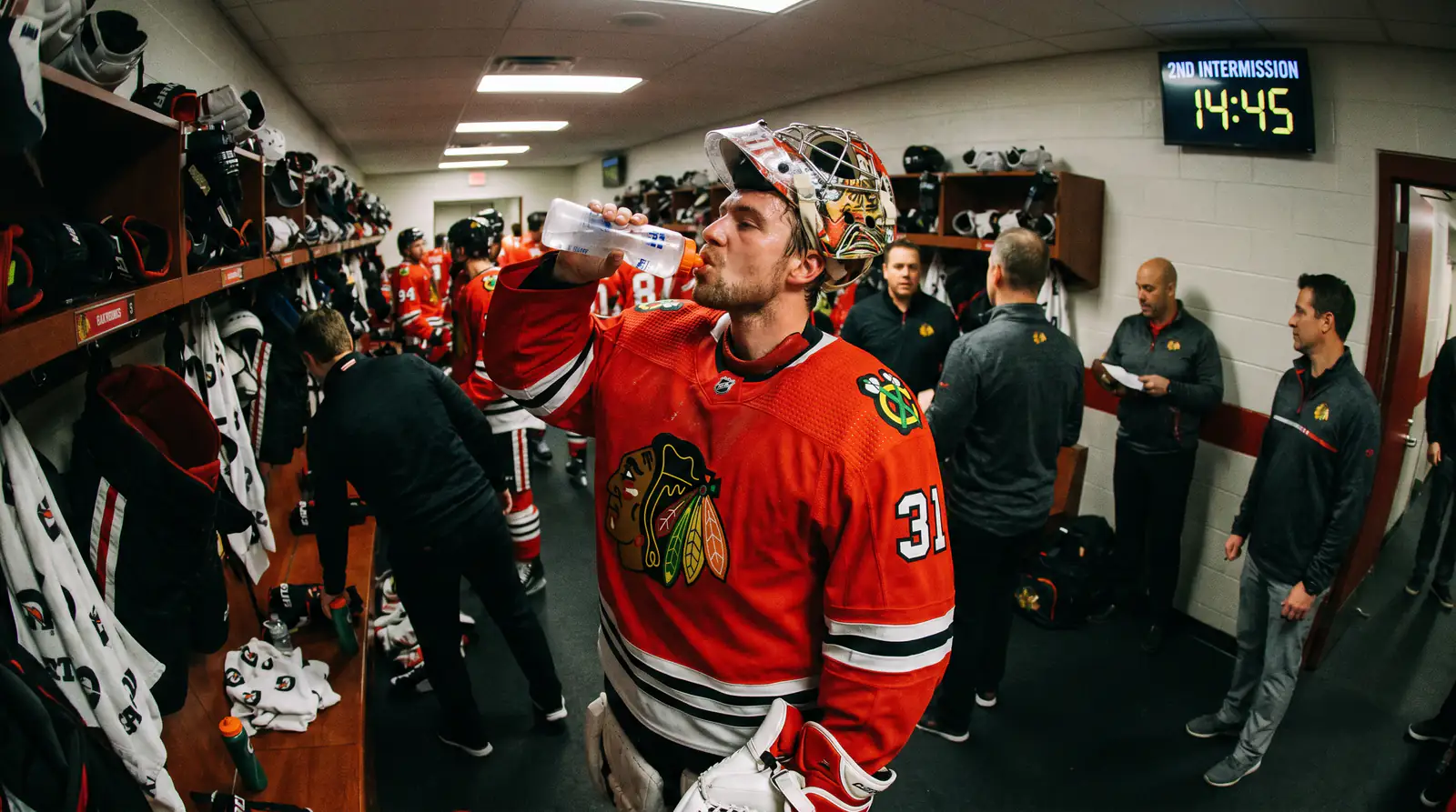 Tired NHL starting goaltender on the bench during a back-to-back set