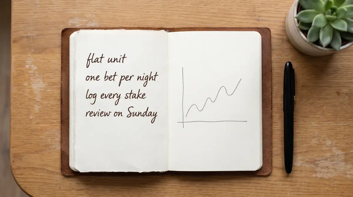 A bettor's open notebook with handwritten unit-stake notes and a simple line graph sketched in pencil