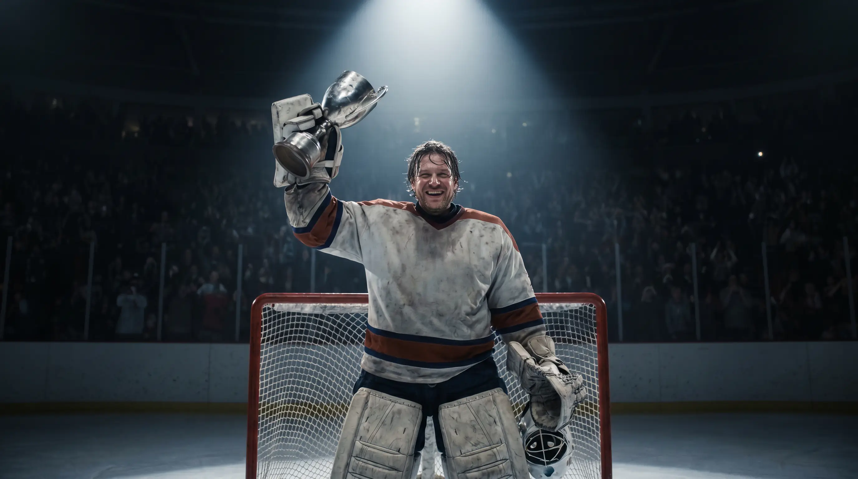 NHL playoff MVP raising a trophy on the ice after a championship game