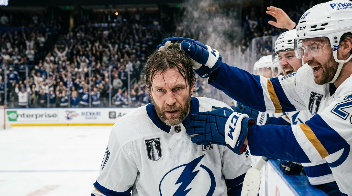 NHL playoff star skating off the ice after a multi-point performance