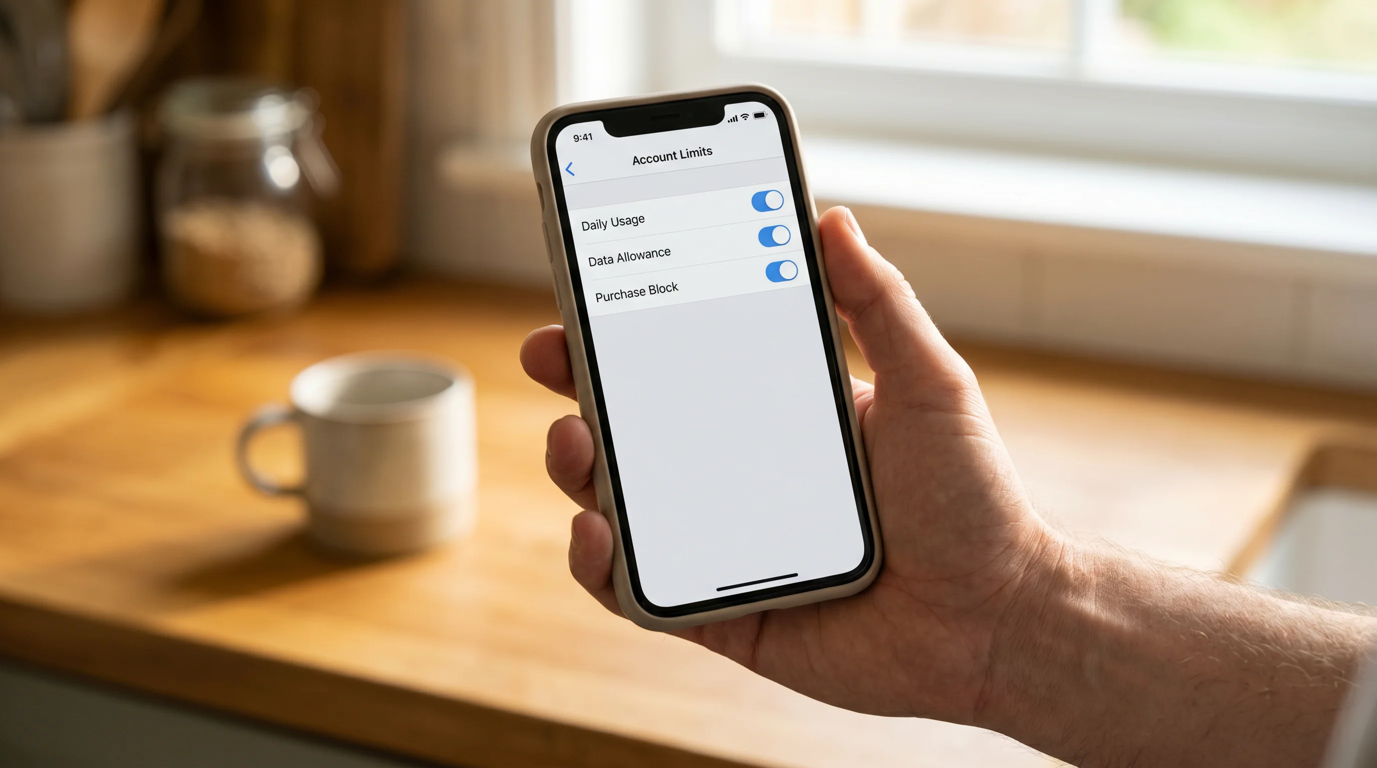 Smartphone in hand showing an account limits settings screen