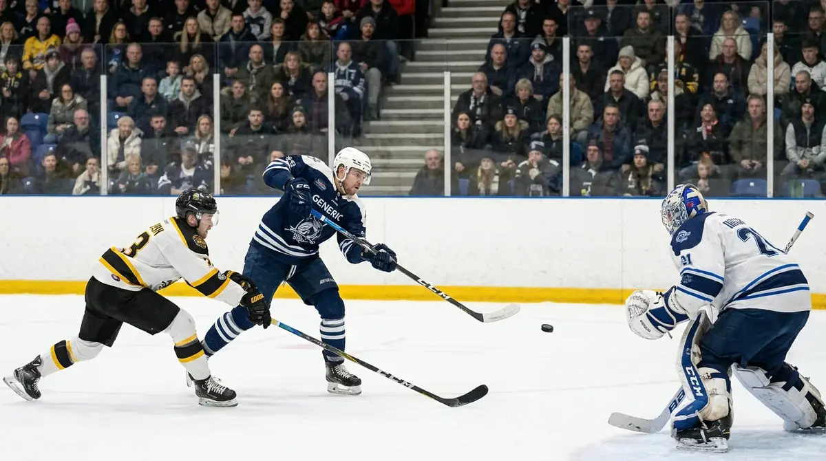 EIHL forward unloading a shot on the goaltender during a British Elite League fixture