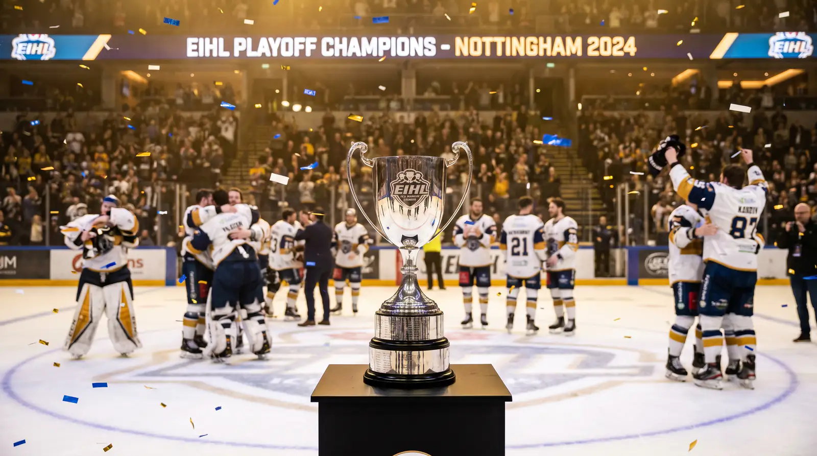 Elite Ice Hockey League playoff weekend trophy ceremony scene