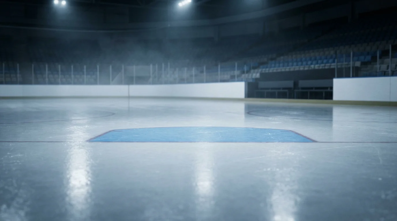 Empty ice-hockey rink viewed from rink level showing the centre line and crease