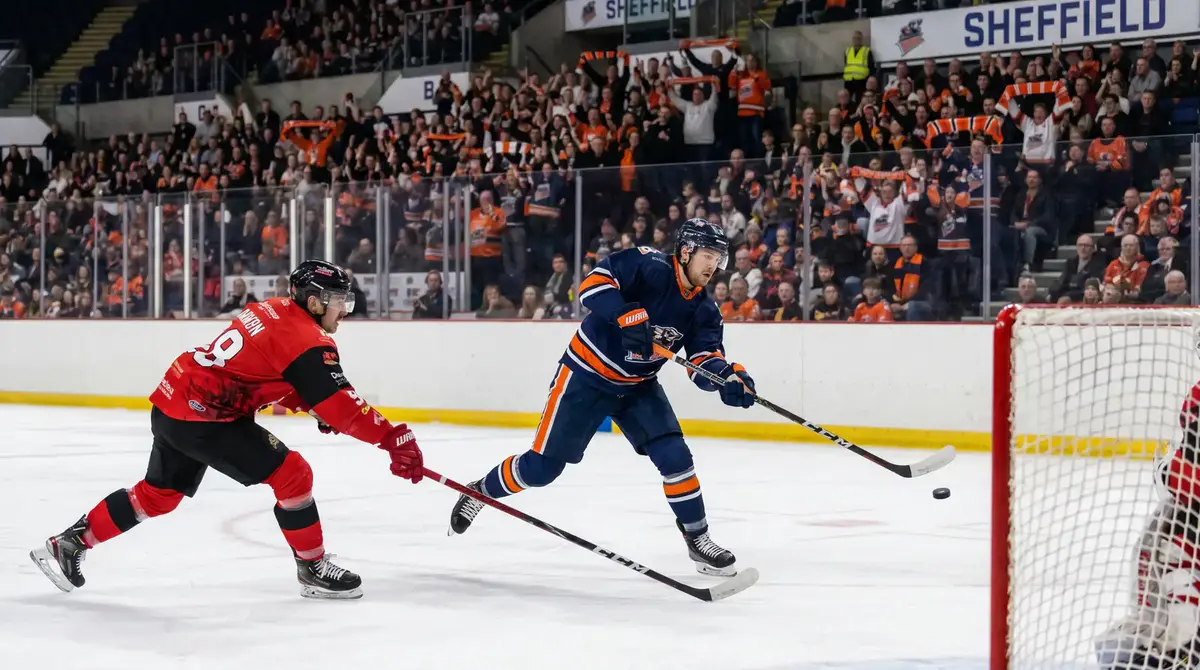 EIHL top-line forward firing a wrist shot on goal during a Sheffield Steelers home fixture