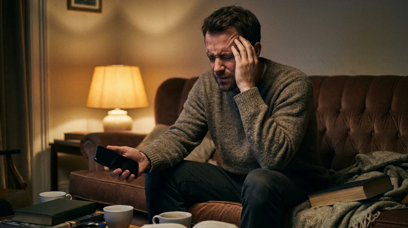 Frustrated adult on a sofa pressing a hand to forehead while holding a smartphone