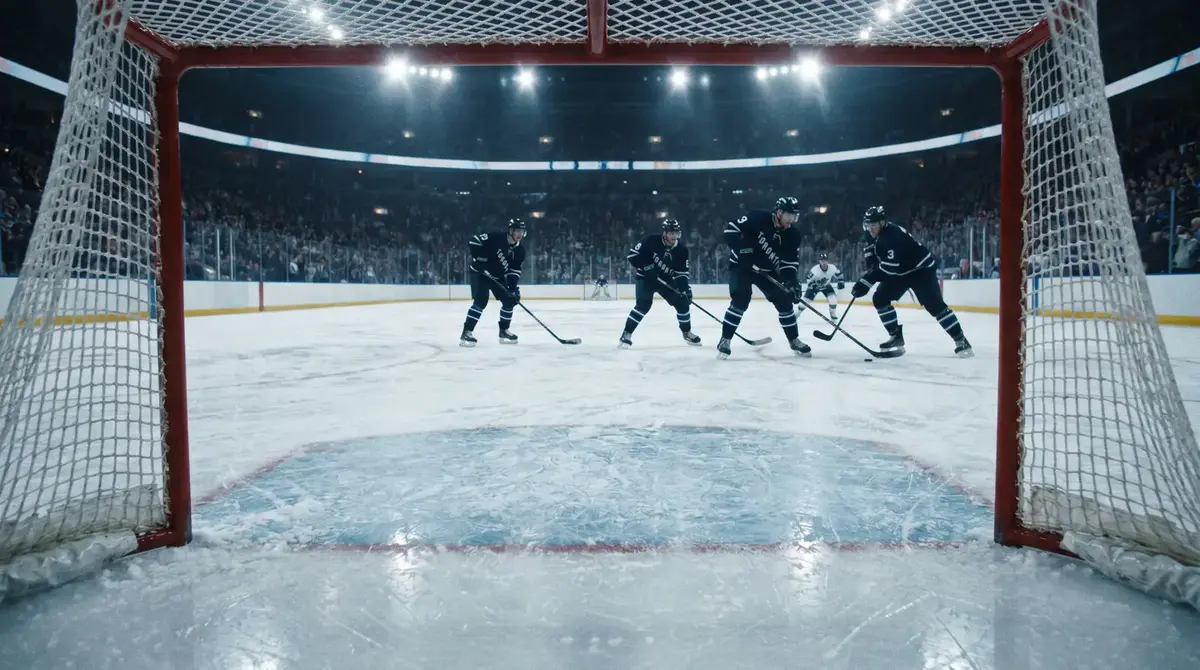 Empty NHL net with the trailing team's goalie pulled in the final minute of a one-goal game