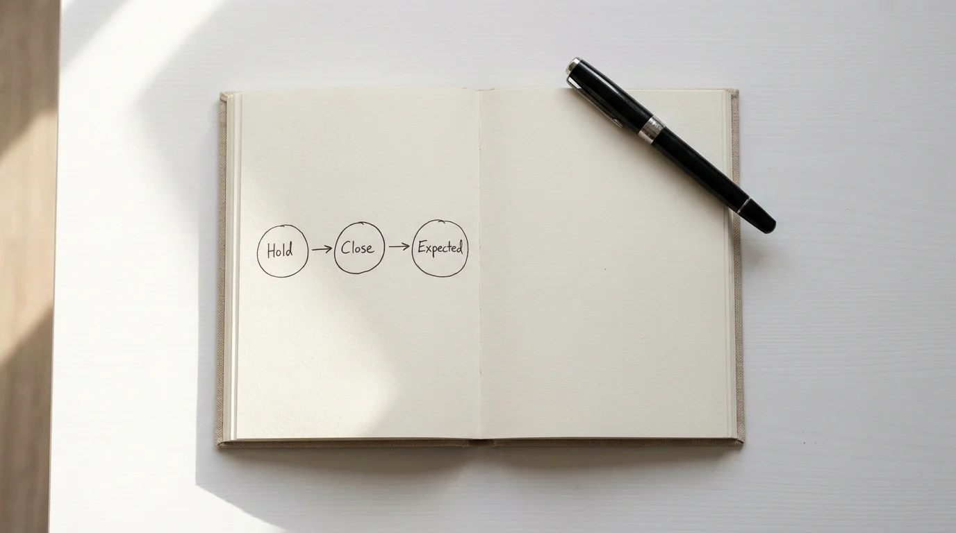 Open notebook with hand-drawn expected value diagram and a pen