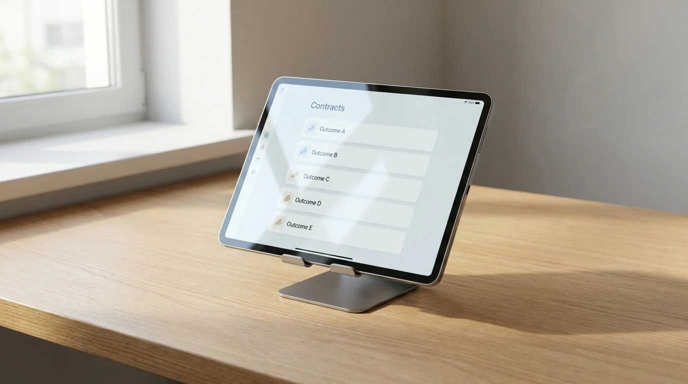 Tablet on a desk showing a clean contract-list interface in English