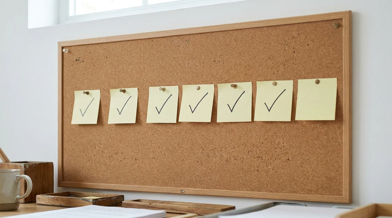 Wall of yellow sticky notes showing days of the week marked off