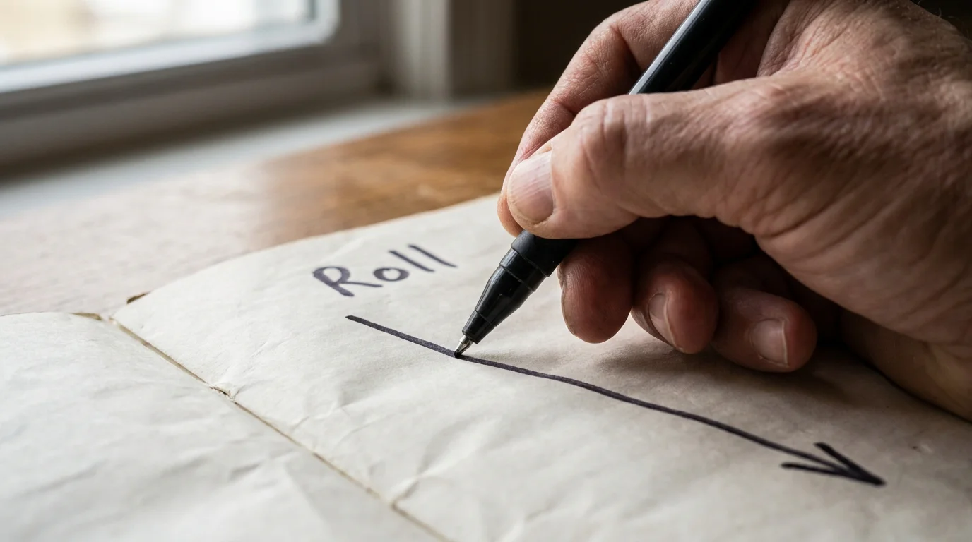 Pen drawing a steep downward trend on a single line graph in a notebook