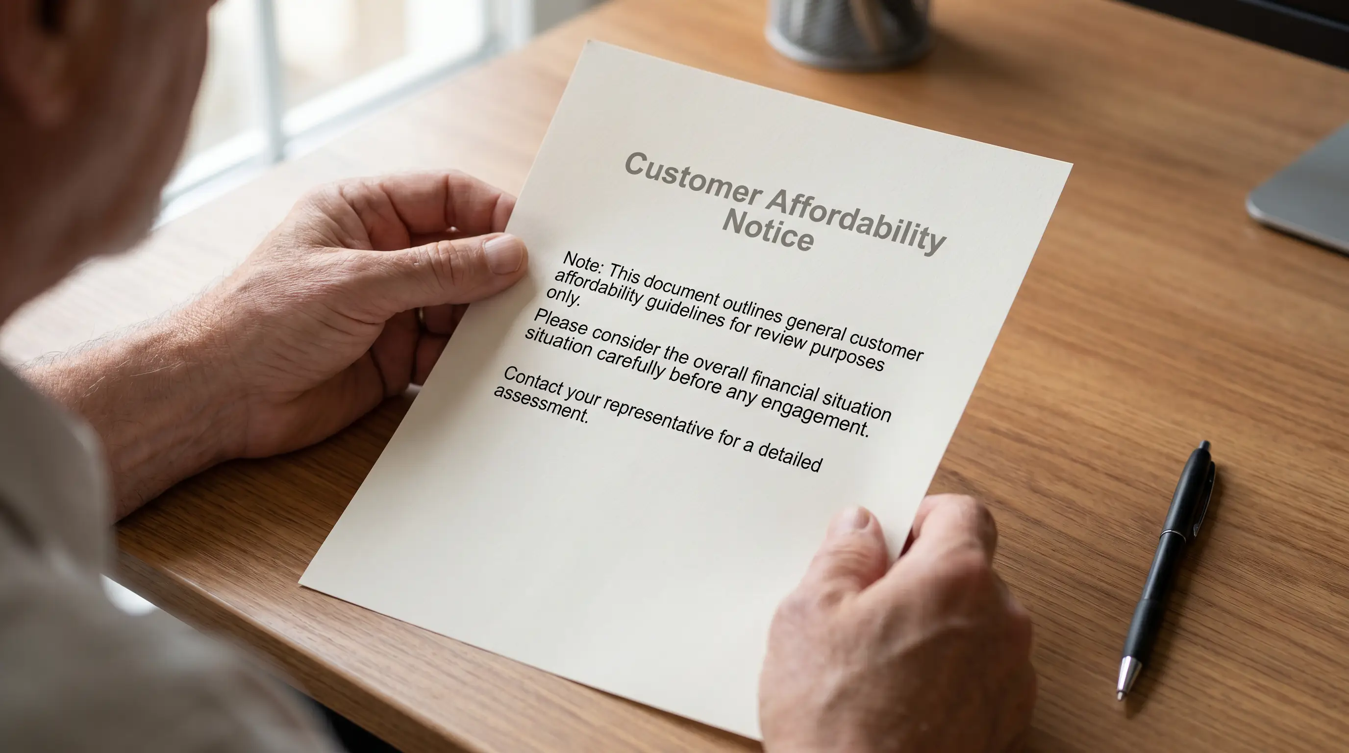Hand reviewing a printed financial vulnerability check document at a wooden desk