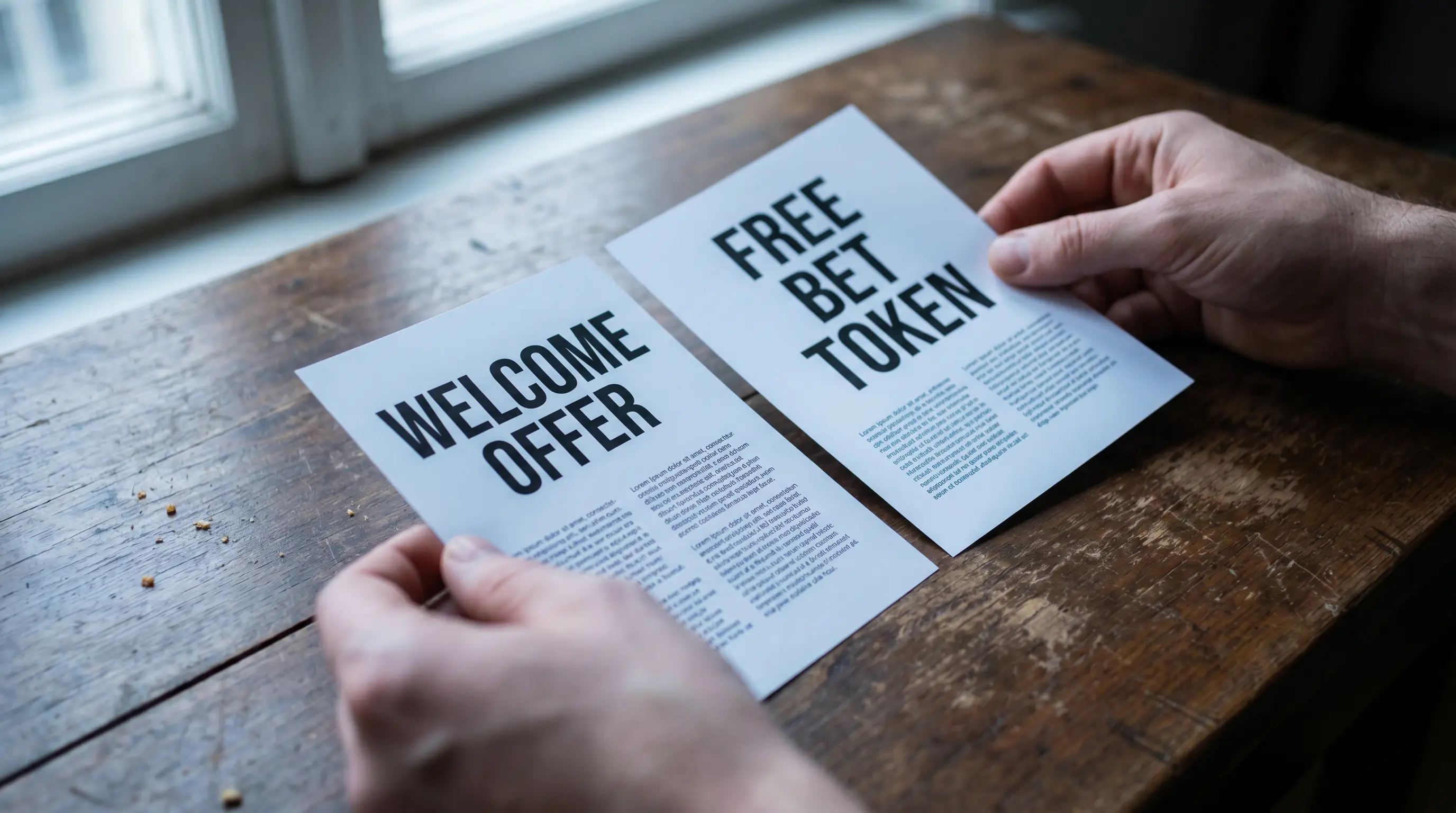 Hands comparing two printed promotional leaflets on a desk