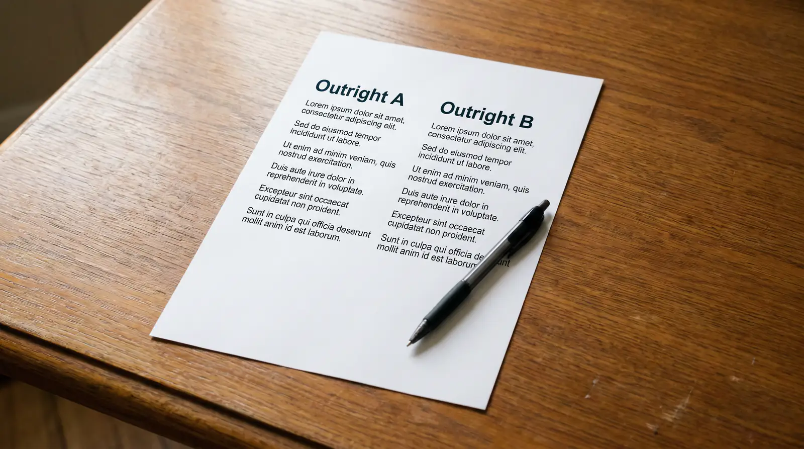 Printed comparison report with two columns on a desk beside a pen
