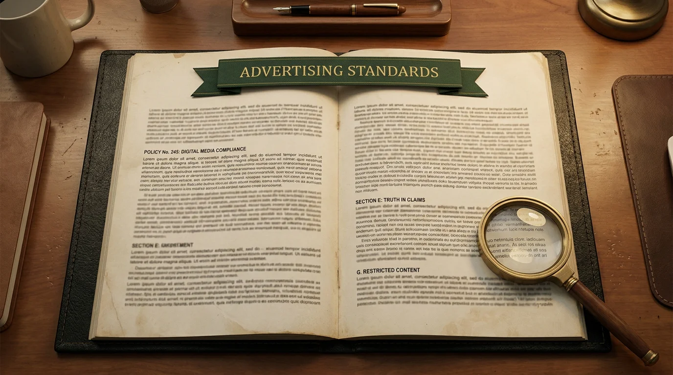 Open binder with printed regulatory policy pages on a desk