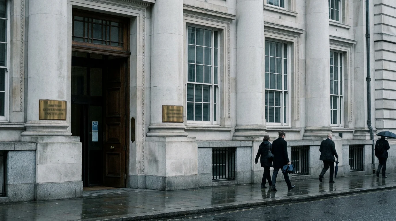 UK government building with classical columns in soft overcast daylight