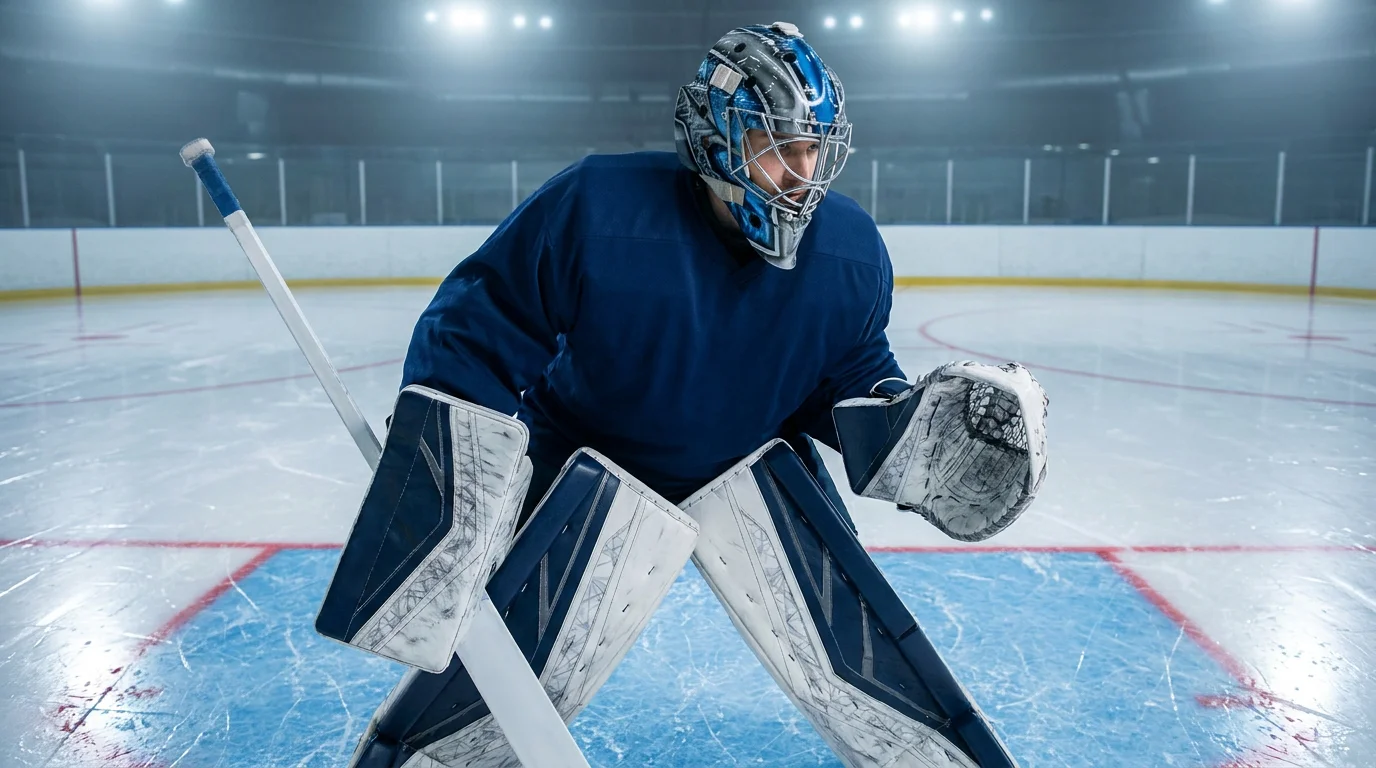 Anonymous ice-hockey goaltender in full kit in the crease before puck drop