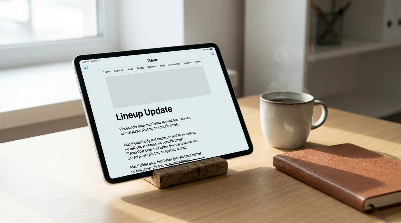 Tablet on a desk displaying a generic team news update screen