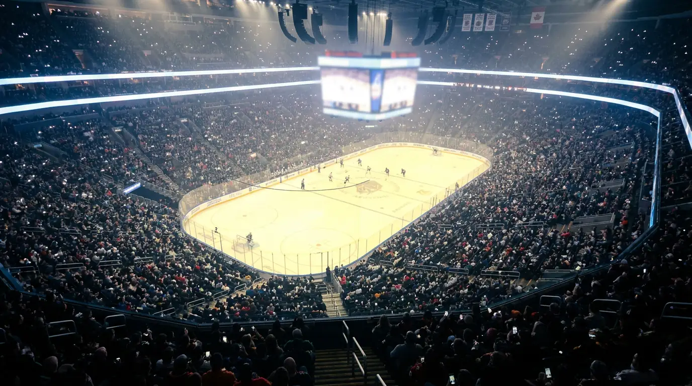 Wide overhead view of a sold-out NHL arena during a regular-season night