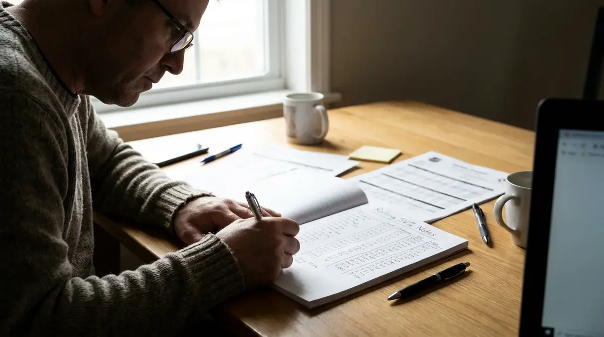 Hockey analyst writing rolling save percentage notes by hand in an open paper notebook