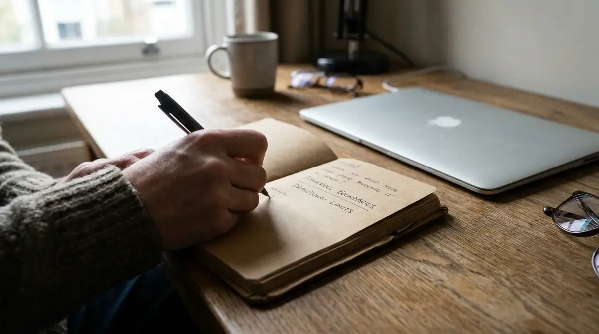 UK punter writing bankroll boundaries and drawdown limits by hand in an open paper notebook