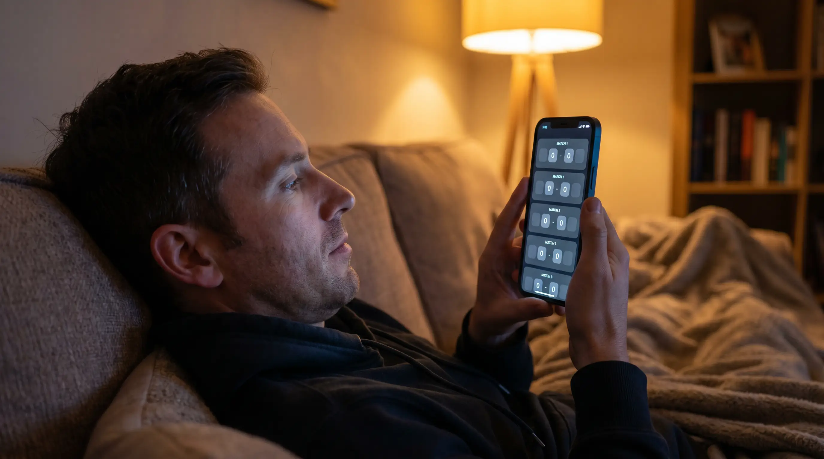 Person on a sofa using a smartphone late at night with a sports app open