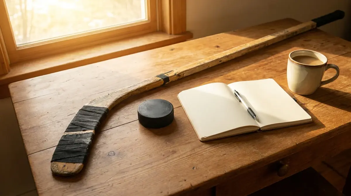 Ice hockey stick and puck resting on a wooden desk beside an open notebook and a coffee cup