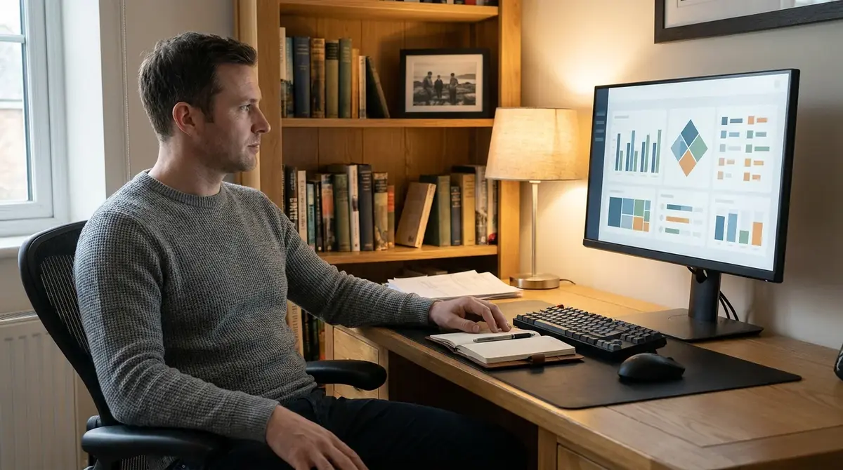 Focused British bettor reading hockey statistics on a large desktop monitor at a tidy desk