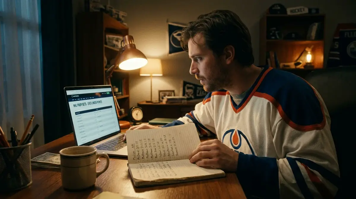 Hockey punter cross-checking NHL prop pricing on a laptop with a handwritten research notebook open beside it