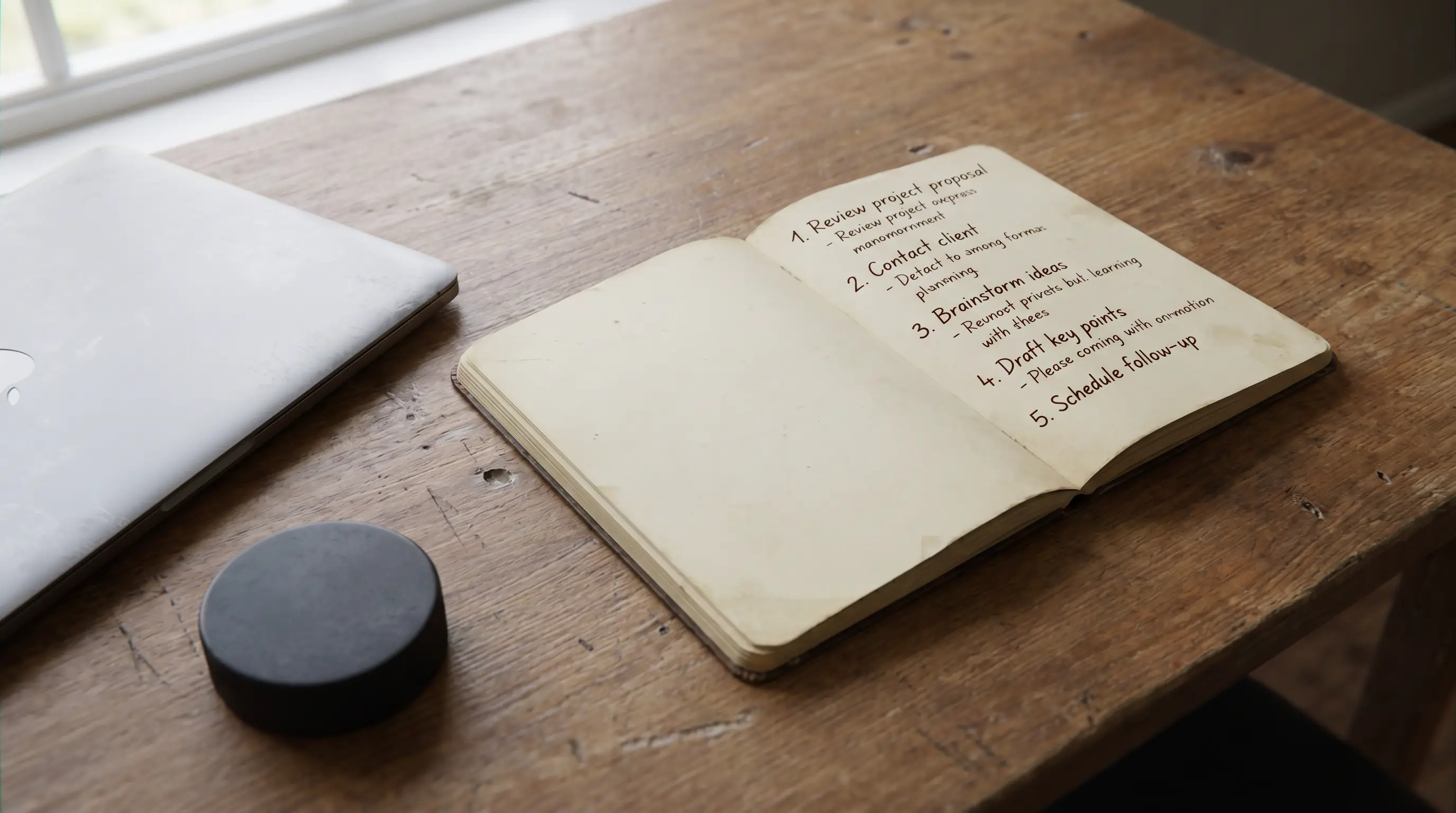 Open notebook with a strategy outline beside a closed laptop on a desk
