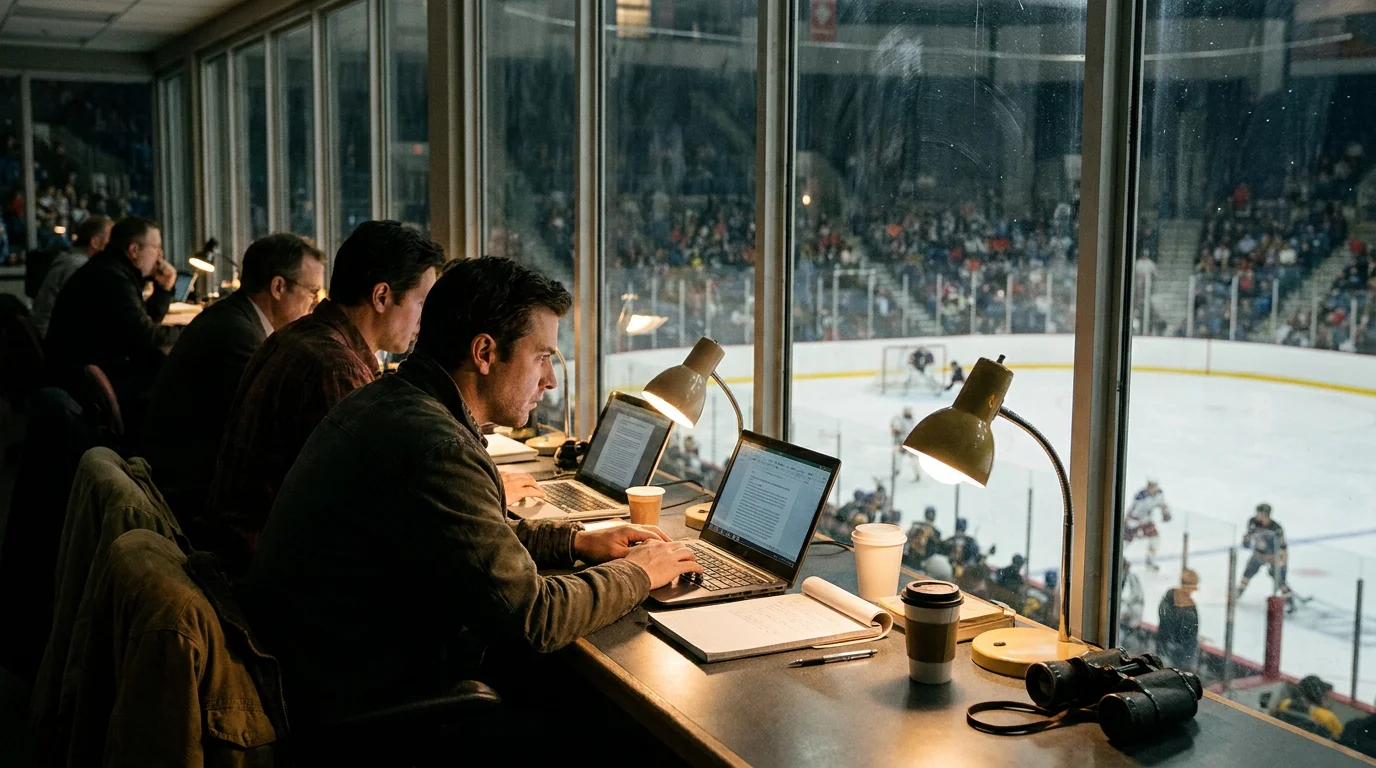 Hockey writers in an arena press box covering an NHL game