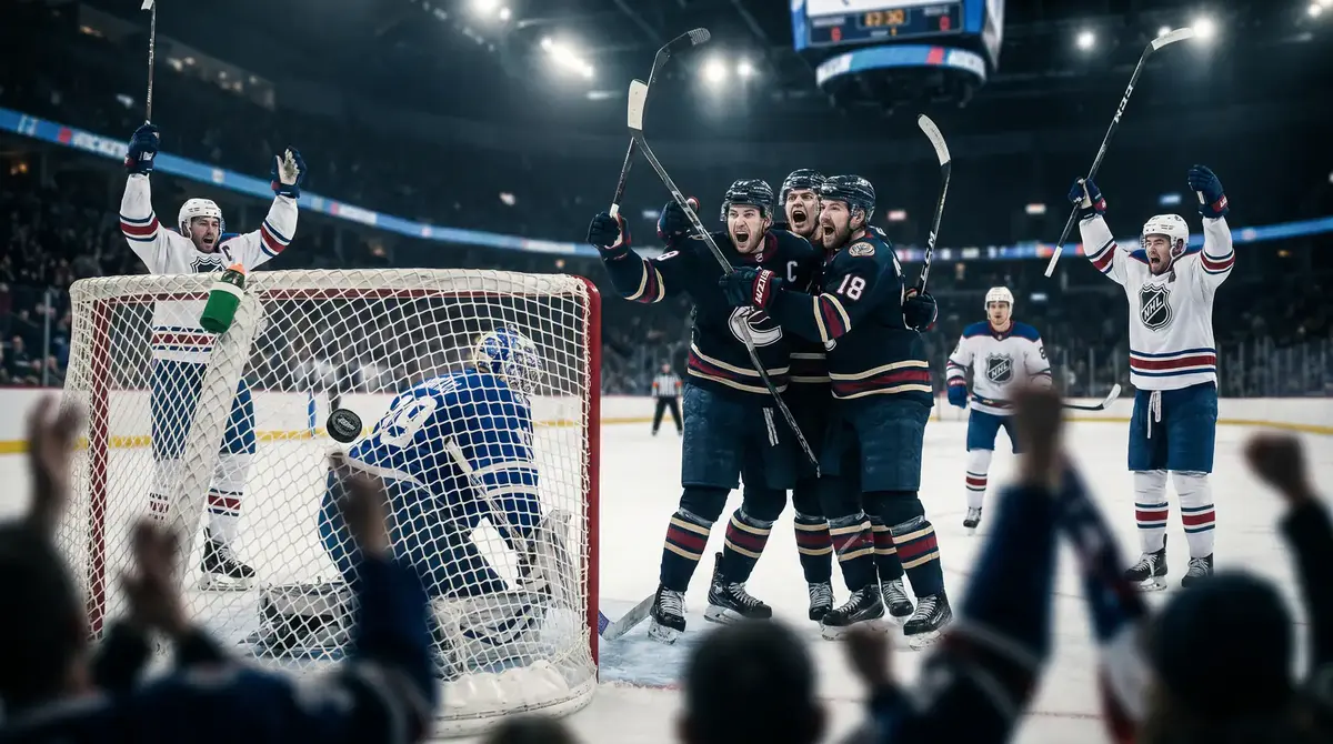 NHL forwards celebrating a go-ahead goal with the puck visible inside the net behind the goalie