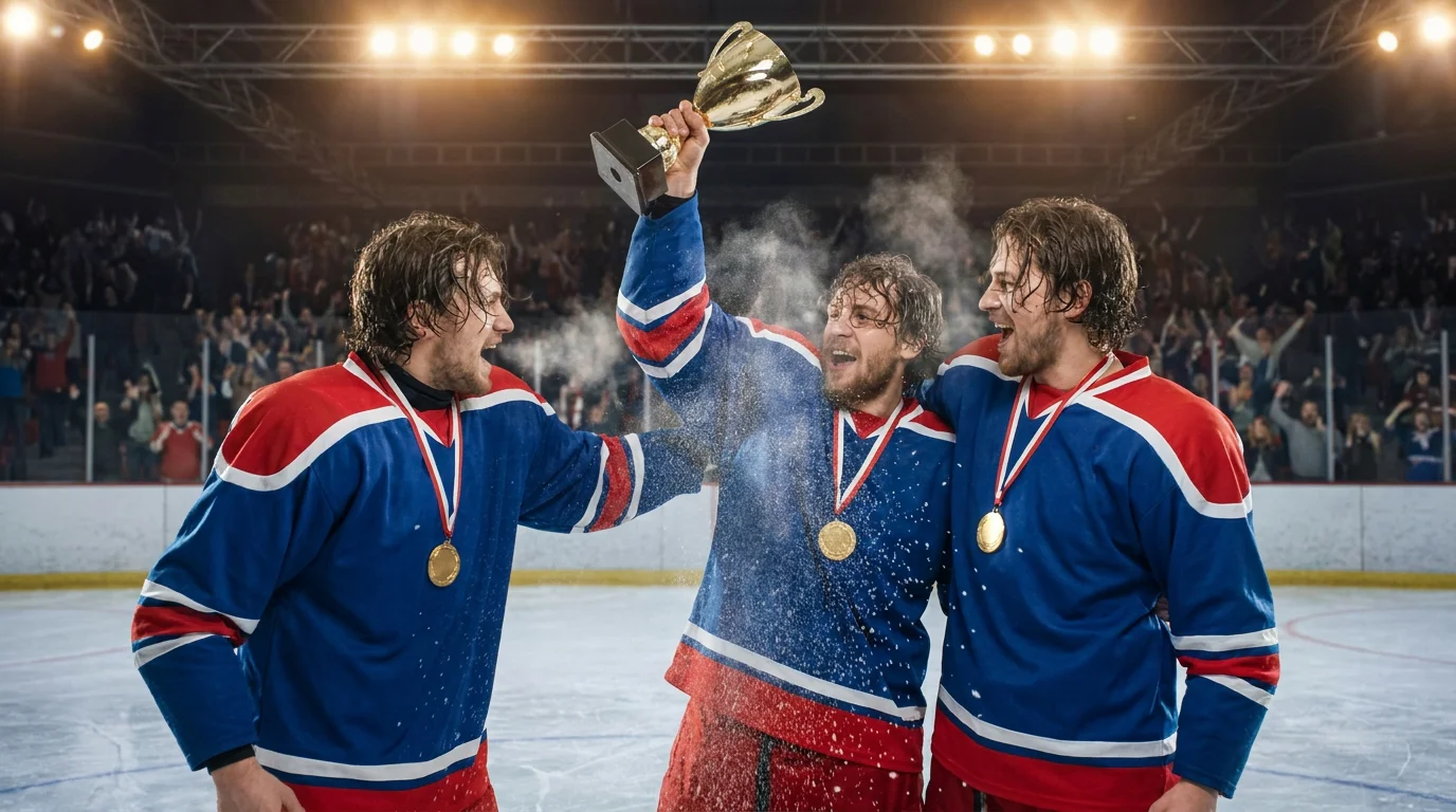Players celebrating with the IIHF World Championship medal and trophy