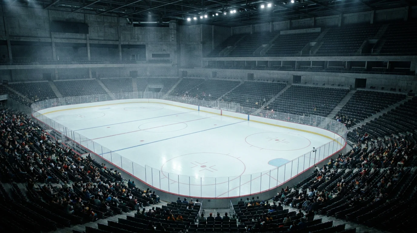 International ice hockey arena lit for an evening tournament game