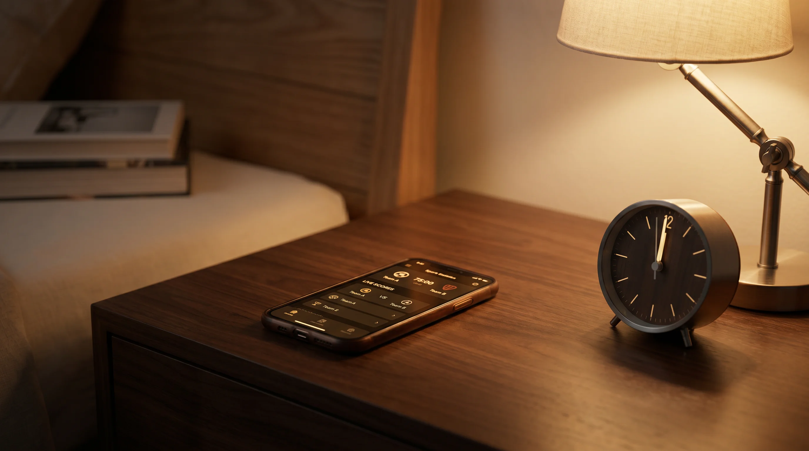 Smartphone next to an analog clock showing midnight on a bedside table