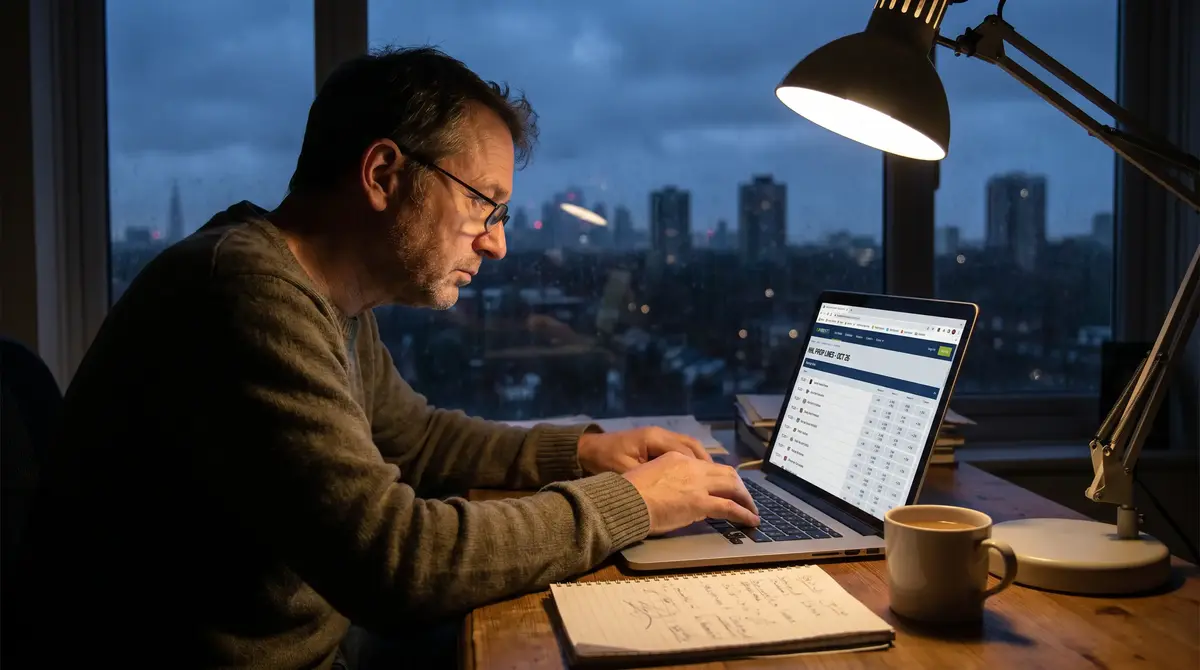 UK punter at a home desk late at night reviewing NHL prop lines on a laptop with a desk lamp