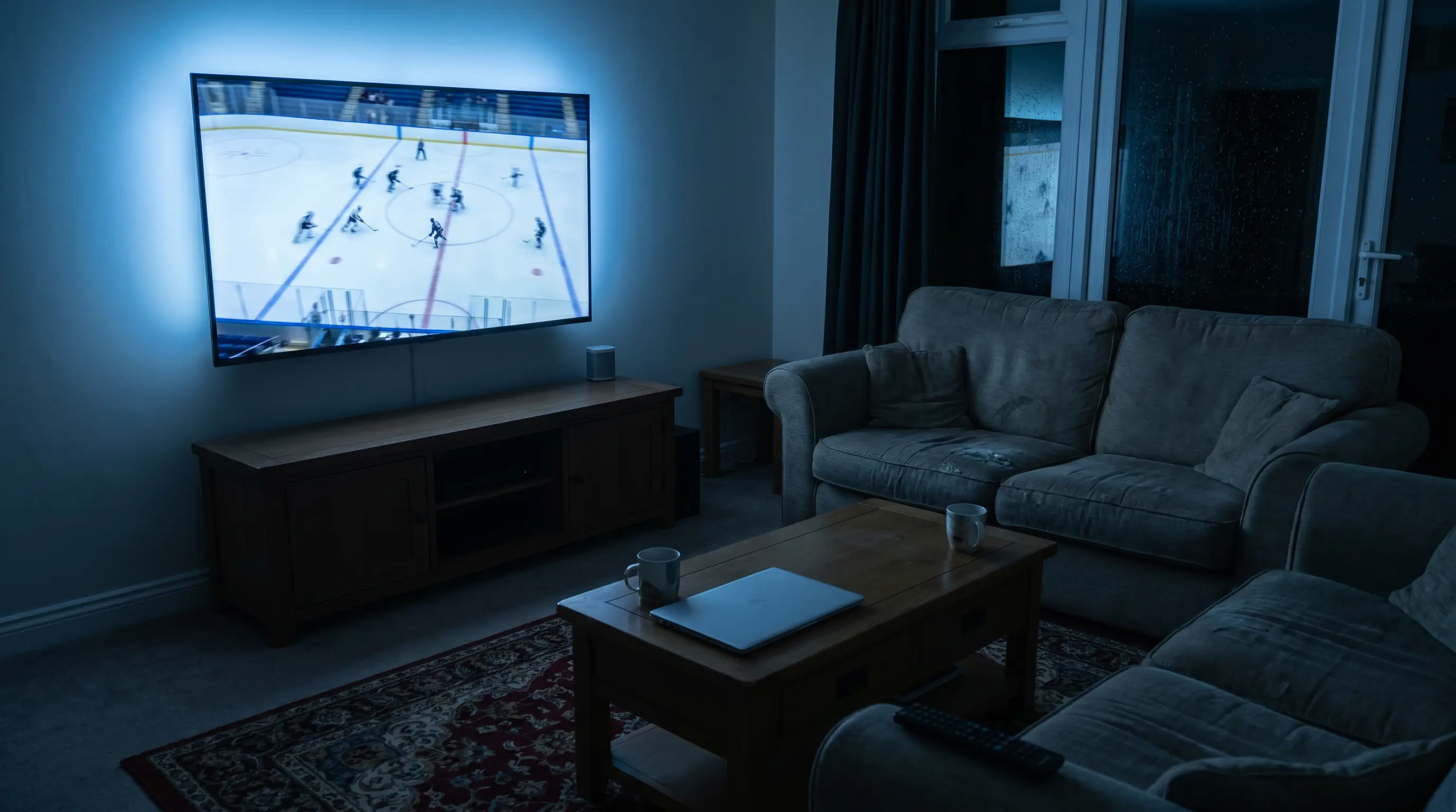 Living-room TV showing an ice hockey live broadcast late at night
