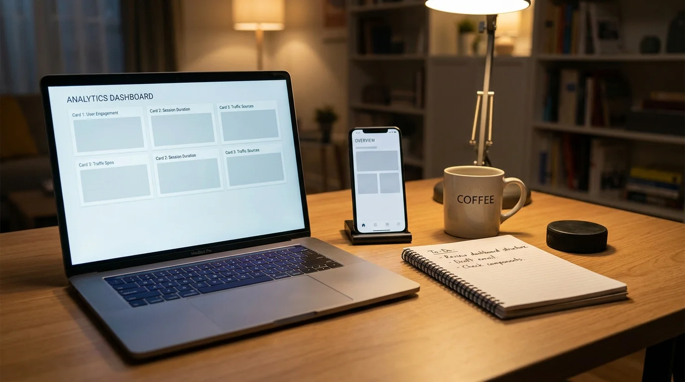 Home-office desk with a laptop and a smartphone both showing generic sports analytics