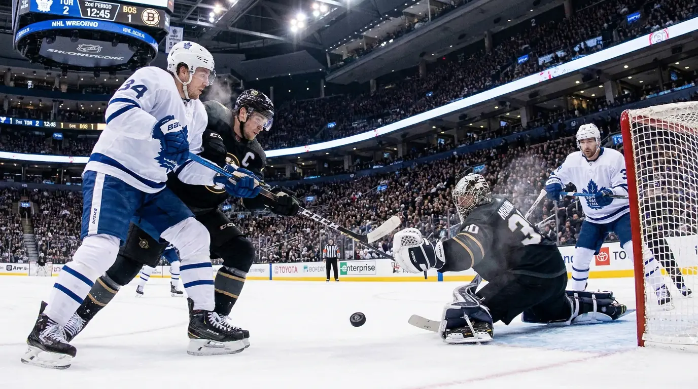 Live in-play NHL period scene with players battling in the slot