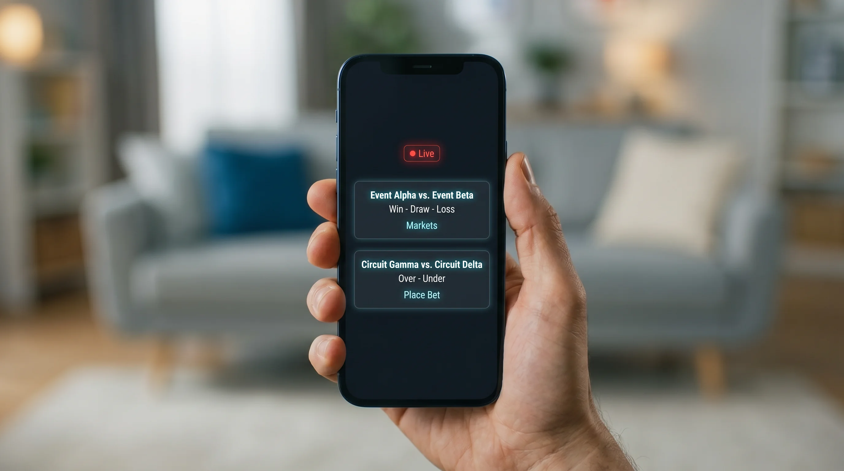 Smartphone showing a generic in-play live betting interface