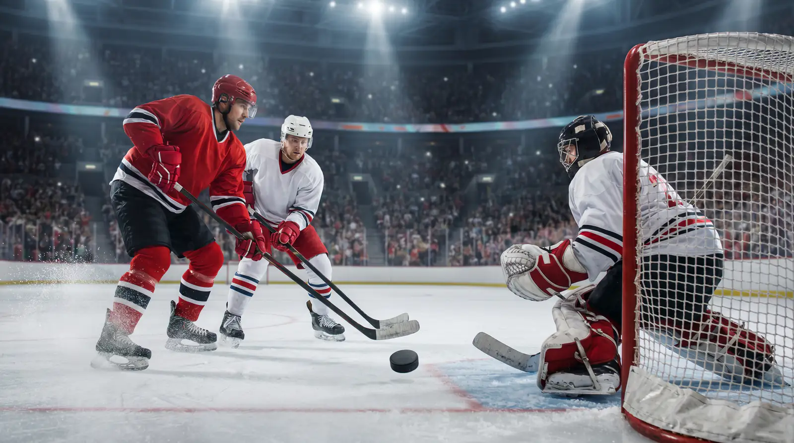 Live NHL period in progress with players battling for puck in the slot