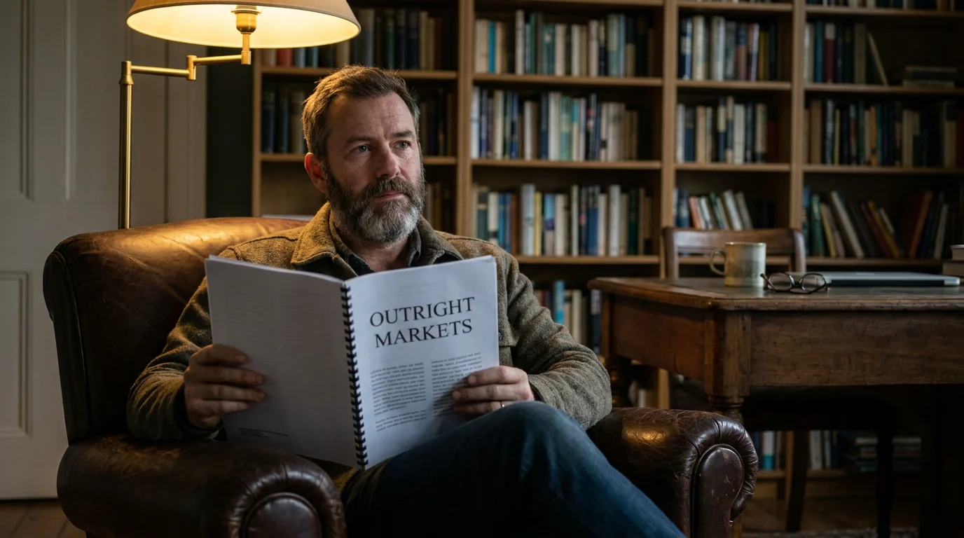 Adult in an armchair reading a printed market guide in a warm reading room