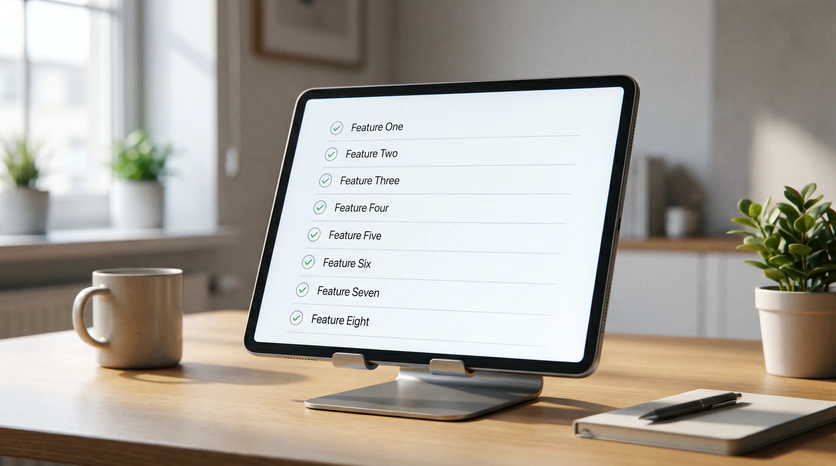 Tablet on a desk displaying a clean feature checklist interface