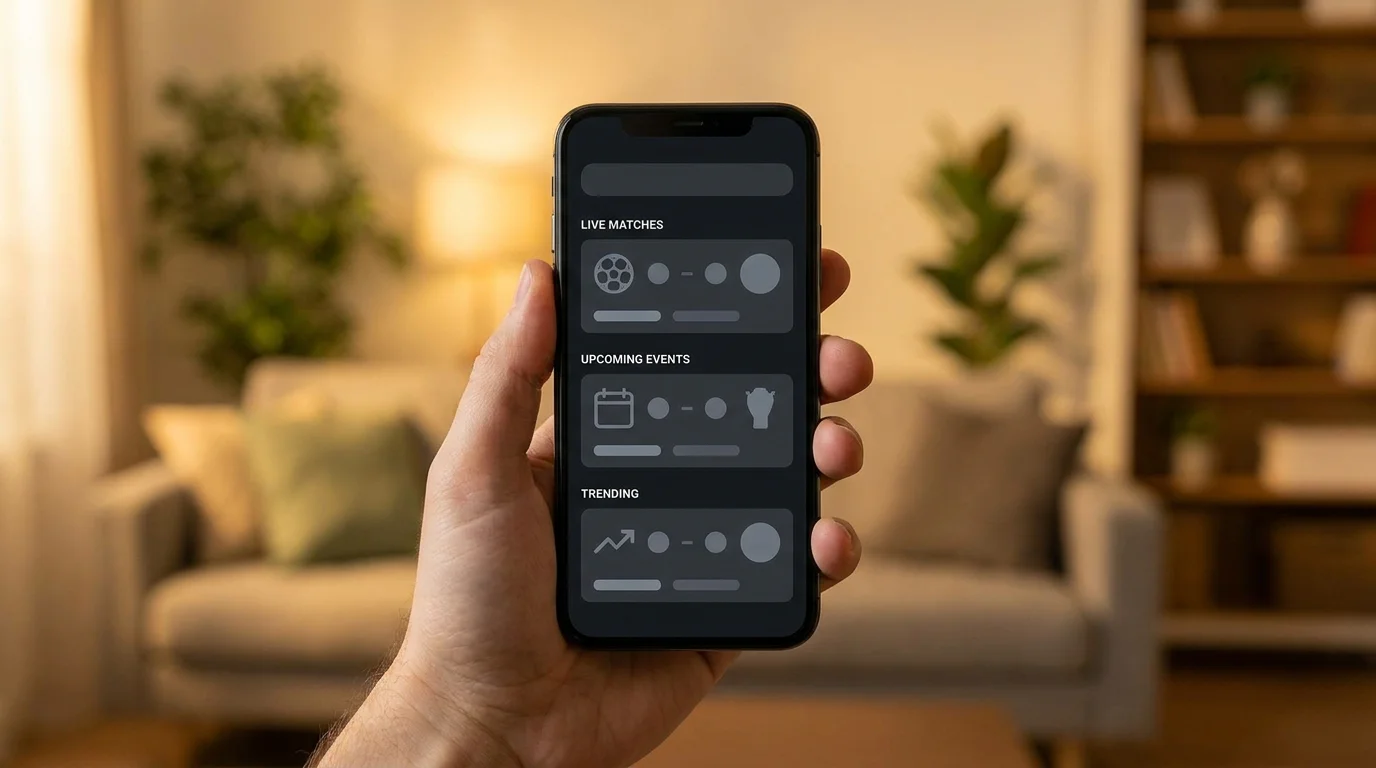Smartphone in hand showing a clean dark-mode sports app home screen