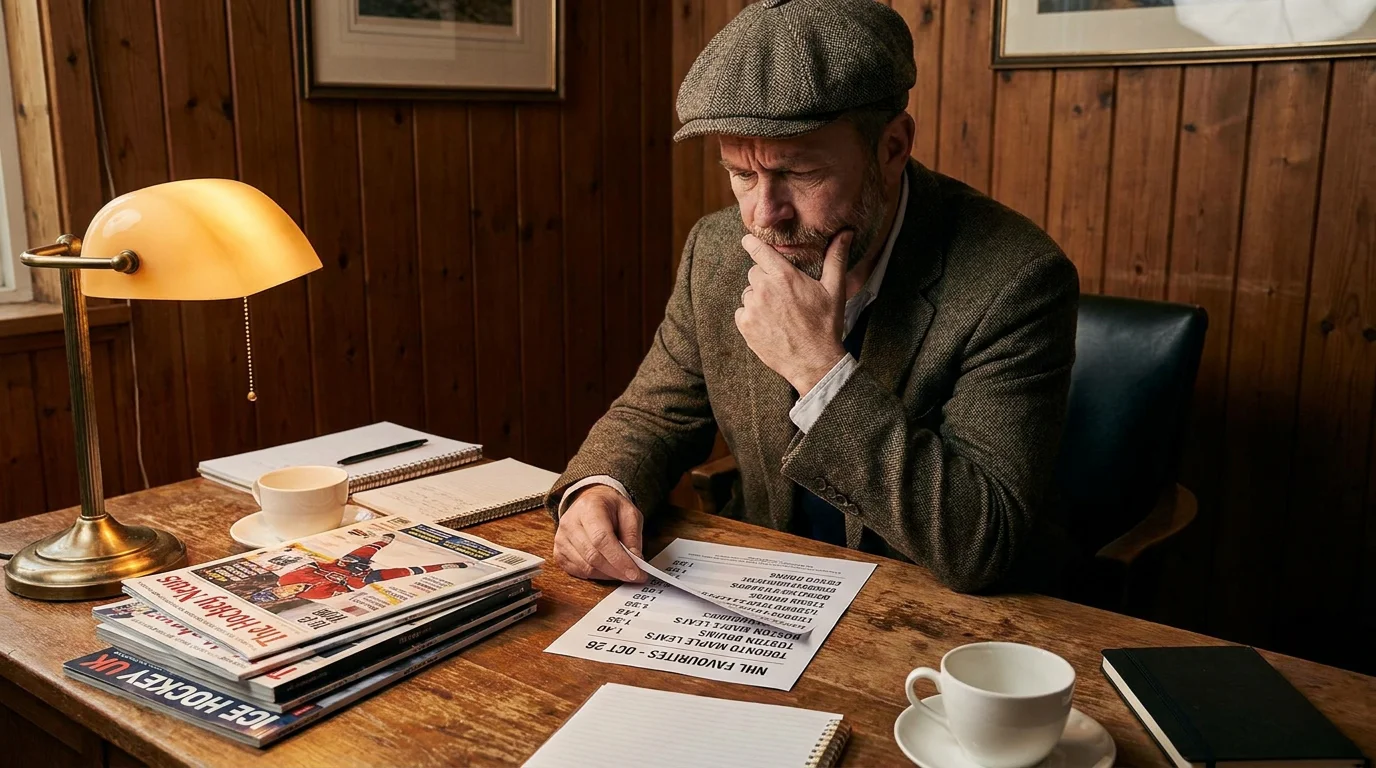 Punter rethinking a parlay of short NHL favourites at a desk