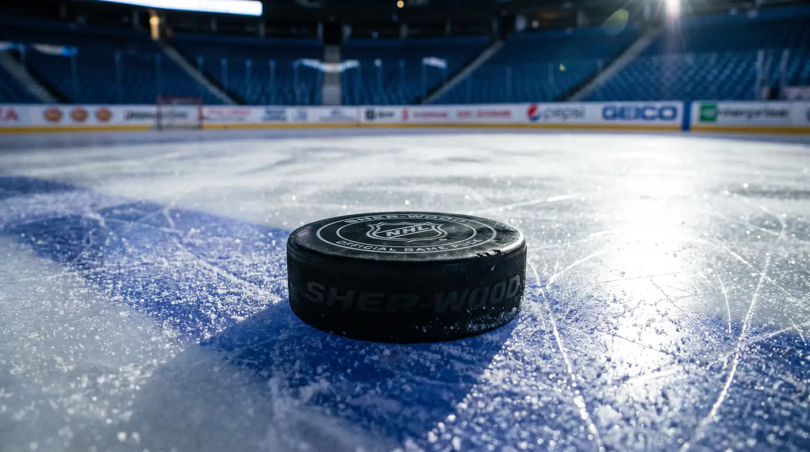 Ice hockey puck resting on the blue line under arena lighting