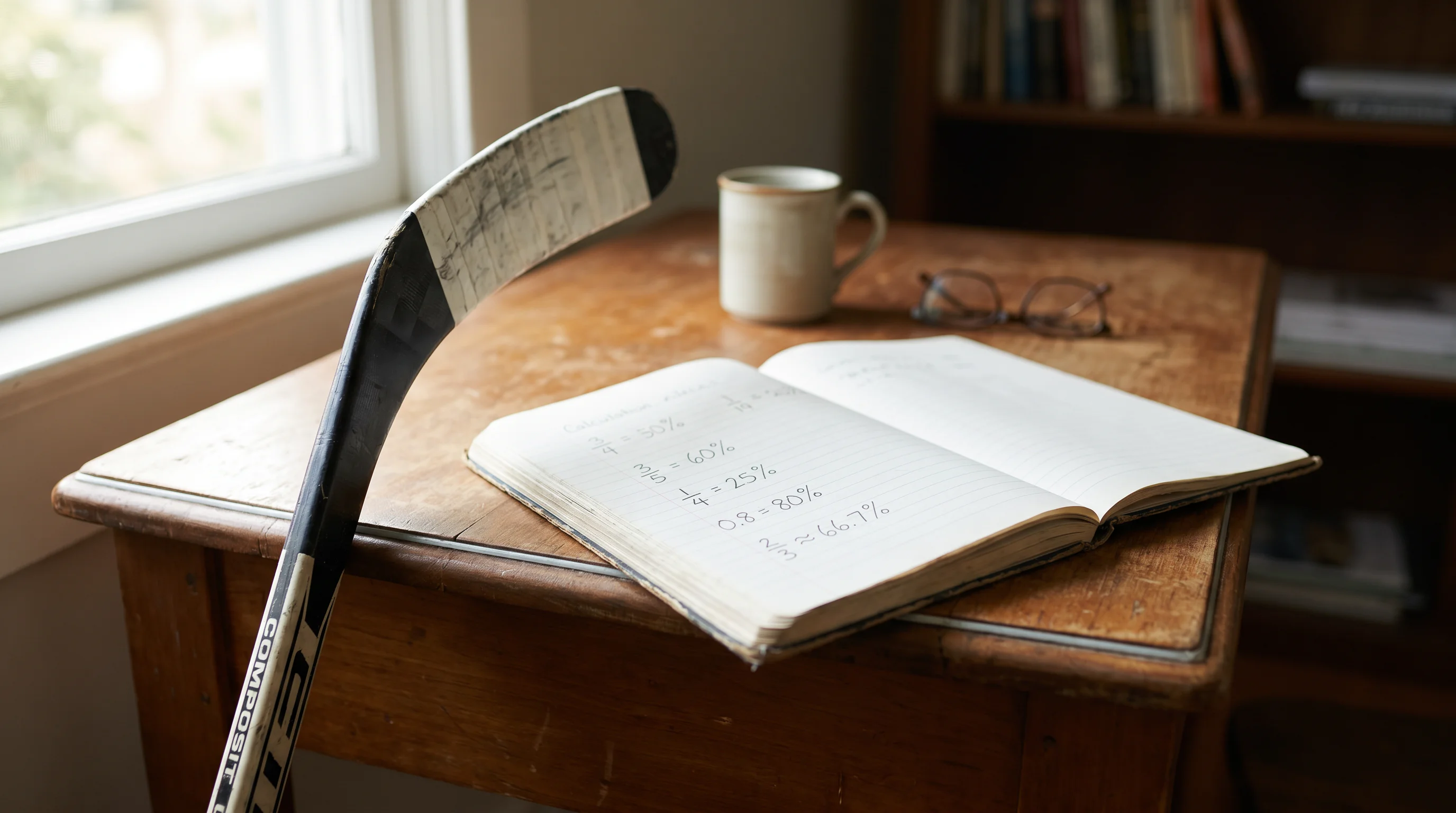 Notebook with hand-written implied probability calculations next to a hockey stick