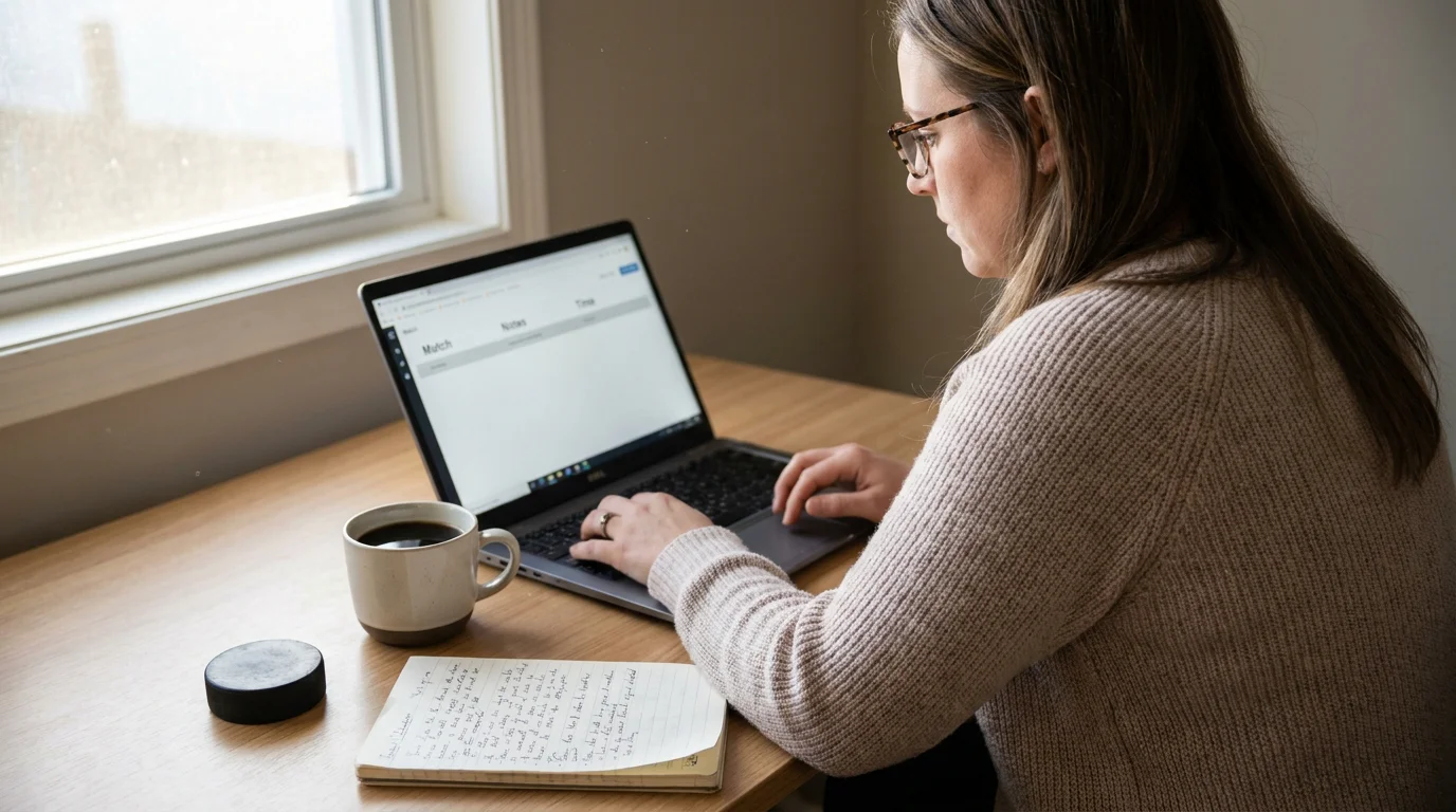 Adult researching hockey on a laptop with morning coffee at a home office
