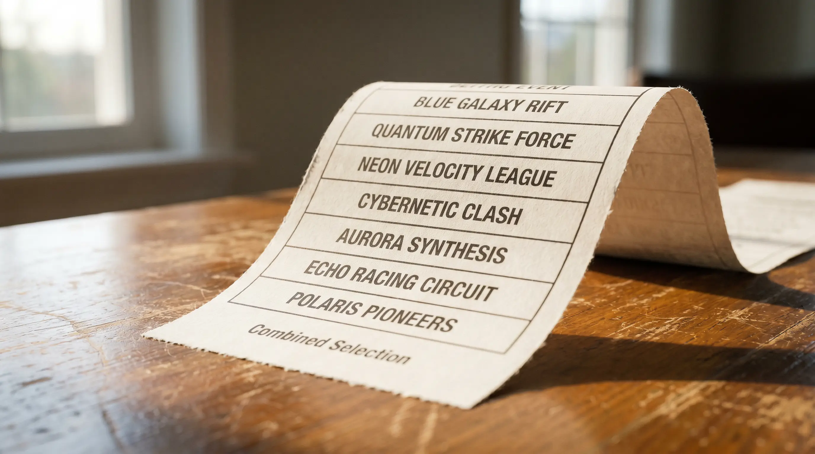 Printed paper betting ticket with multiple stacked rows on a wooden table